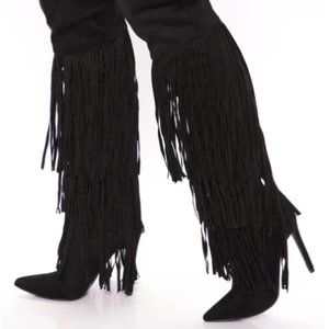BLACK FAUX SUEDE FRINGE BOOTS